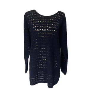 Jones NY Women's M Blue Open Knit Pullover Sweater Ramie Cotton Blend